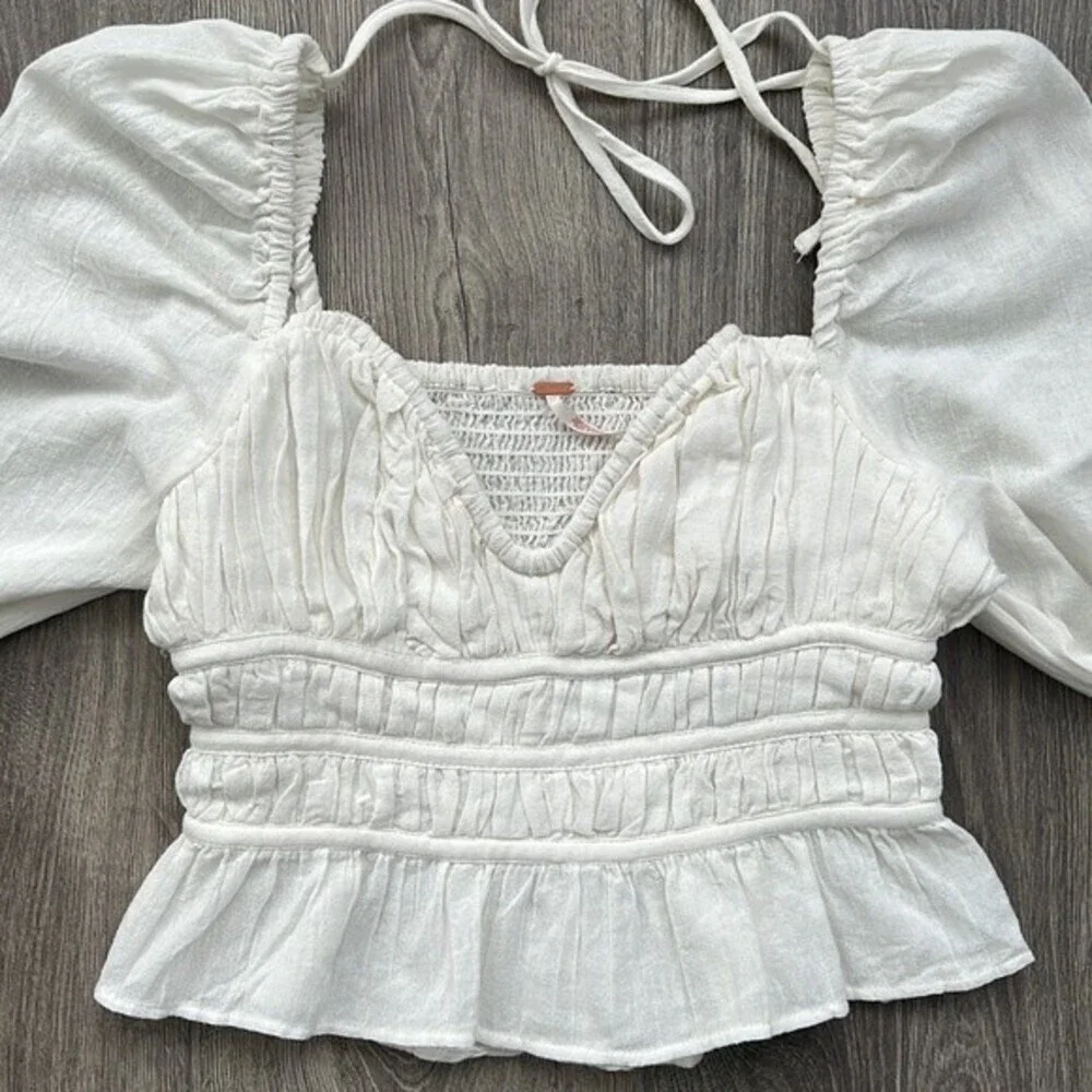 FREE PEOPLE Chloe Top XS White Puff Sleeves Smocked Cottagecore Boho Coquette